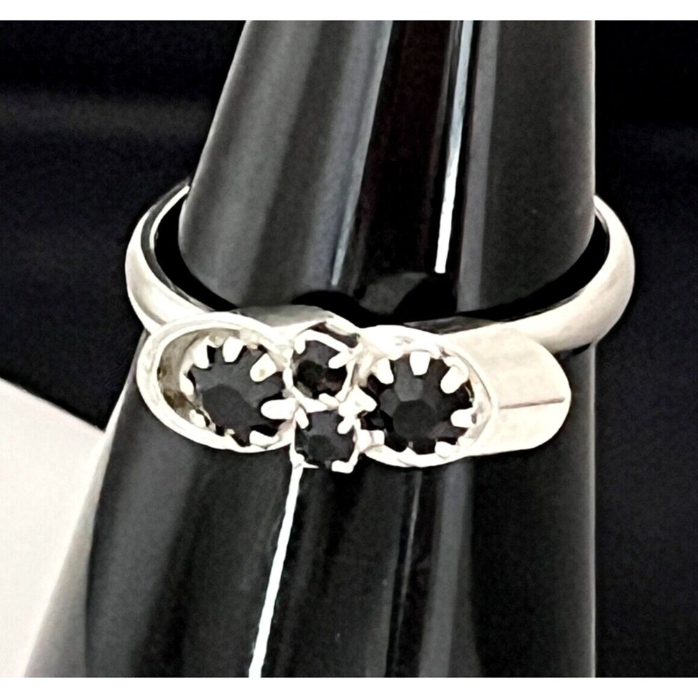 Vintage 1960s Cocktail Ring Silver Tone Black Rhinestone Mid Century Modern - 4J